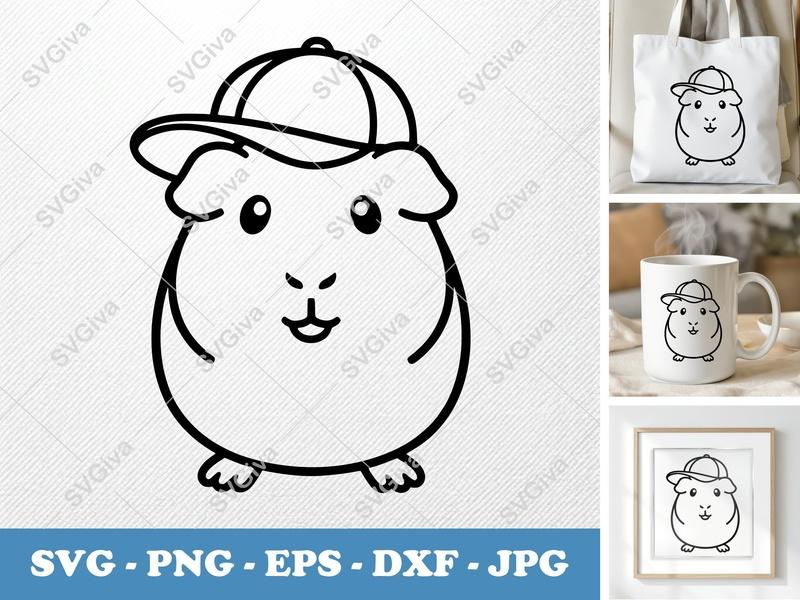 Guinea Pig SVG, Cute Guinea Pig with Hat, Animal Vector Cut File, PNG, EPS, DXF for Cricut & Silhouette, Modern Pet Art