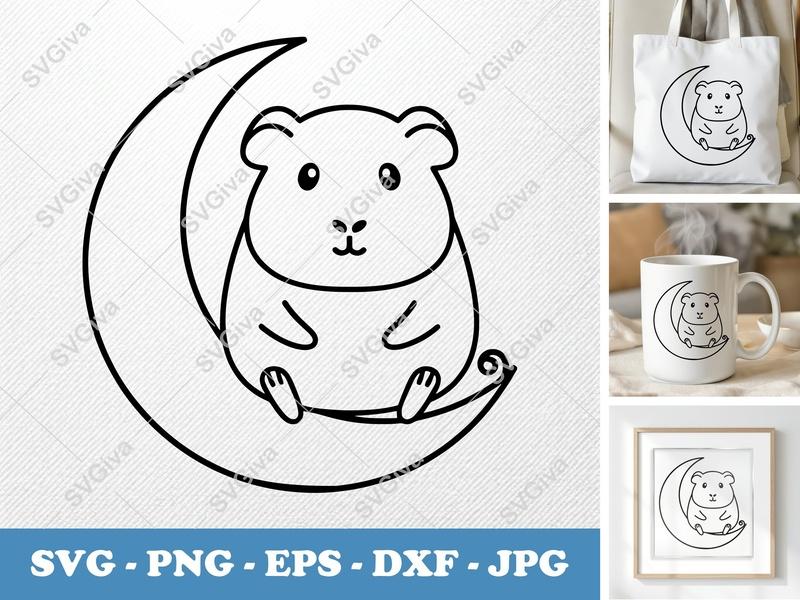 Guinea Pig SVG | Cute Moon Animal Line Art, Modern Pet Clipart | PNG EPS DXF for Cricut Silhouette