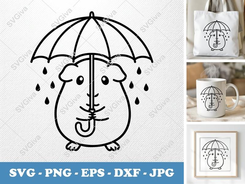 Guinea Pig SVG | Cute Umbrella Rain Design | PNG EPS DXF | Cricut Silhouette Cut File