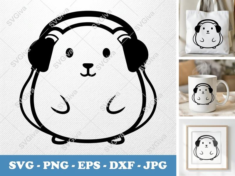 Guinea Pig SVG | Headphone DJ Music Animal | Cute Modern Design | PNG EPS DXF for Cricut, Silhouette