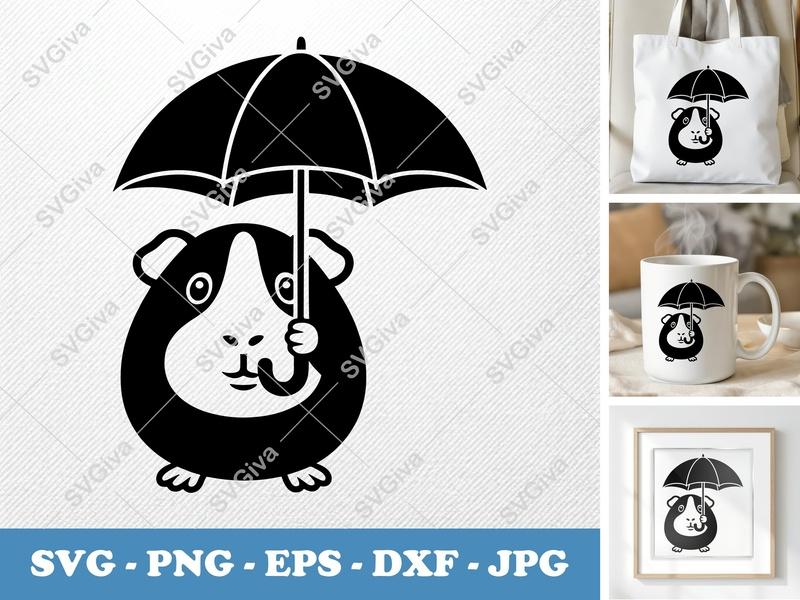 Guinea Pig SVG, Modern Clean Design with Umbrella, Pet Animal Cut File PNG EPS DXF for Cricut Silhouette, Cute Rodent Clipart