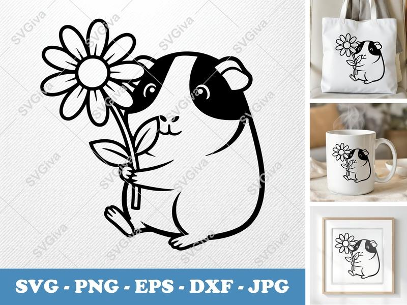 Guinea Pig SVG | Modern Cute Guinea Pig with Flower | PNG EPS DXF | Cricut Silhouette Cut File | Pet Animal Lover Gift