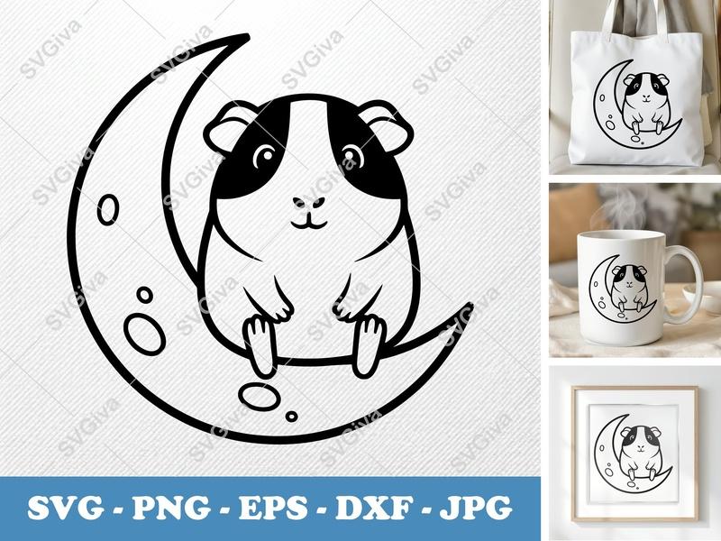 Guinea Pig SVG | Moon Animal Cut File | Cute Rodent PNG, EPS, DXF for Cricut & Silhouette | Pet Outline Vector