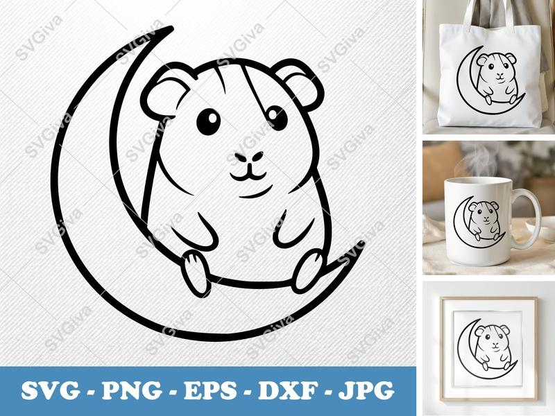 Guinea Pig SVG, Moon Cute Animal Cut File | PNG EPS DXF for Cricut, Silhouette | Modern Pet Vector Art Design