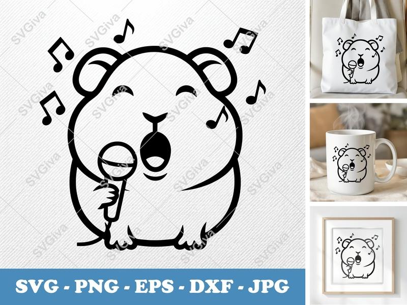 Guinea Pig SVG | Singing Hamster with Microphone, Music Notes | PNG EPS DXF Cut File for Cricut, Silhouette | Animal Singing Clipart
