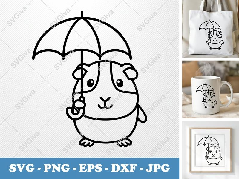 Guinea Pig SVG, Umbrella Cute Pet Digital Download, PNG EPS DXF, Cricut Silhouette Cut File, Modern Animal Clip Art