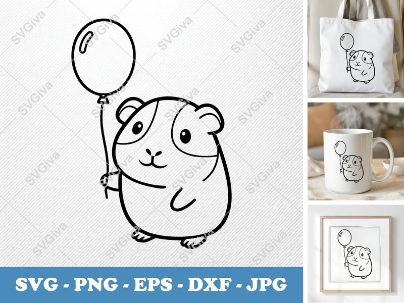 Guinea Pig with Balloon SVG | Cute Rounded Body Friendly Bean-Shaped Cut File | PNG DXF EPS for Cricut Silhouette