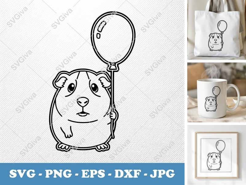 Guinea pig with balloon SVG | Double-outline Basic Shapes Cut File for Cricut, Silhouette | PNG DXF EPS Vector