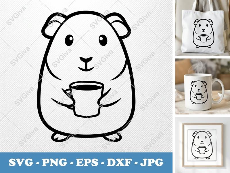 Guinea pig with coffee cup SVG | Friendly Rounded Body Bean Shape | PNG DXF EPS | Cricut Silhouette Cut File