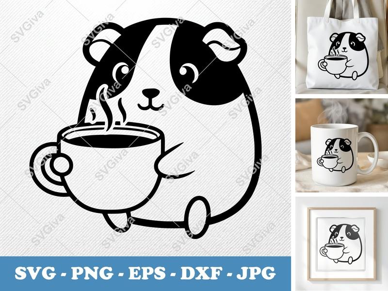 Guinea Pig with Coffee Cup SVG | Puffy Pillow Soft Design | PNG DXF EPS | Cricut Silhouette File