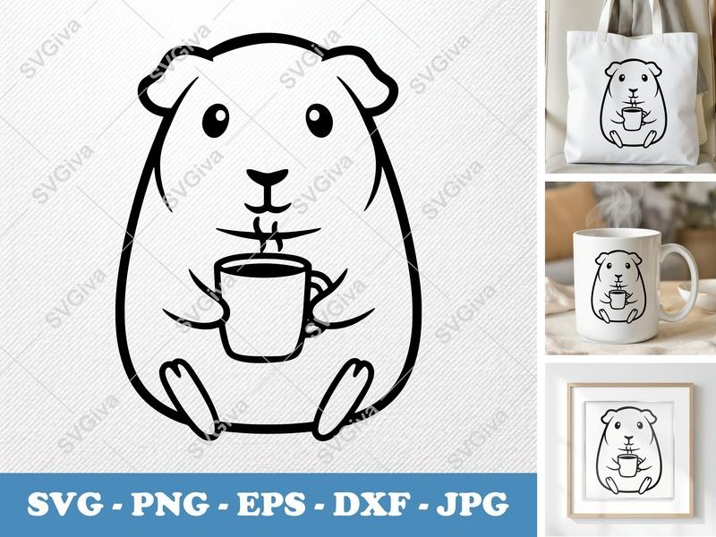 Guinea pig with coffee cup SVG | Simple Cartoon Cut File | Bold Contour PNG DXF EPS for Cricut Silhouette