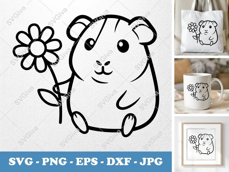 Guinea Pig with Flower SVG | Cute Pet PNG EPS DXF Cut File for Cricut & Silhouette | Modern Animal Vector Art
