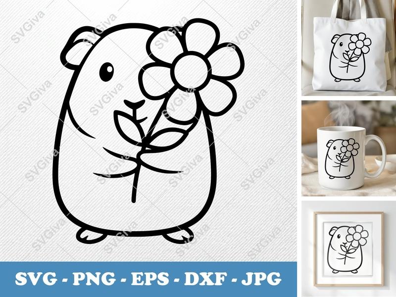 Guinea pig with flower SVG | Friendly Bean-Shaped Cut File | PNG DXF EPS for Cricut Silhouette