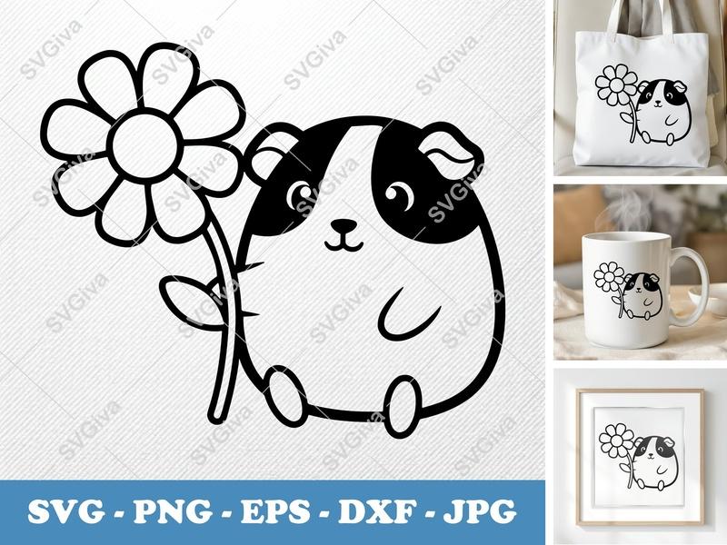 Guinea pig with flower SVG | Puffy, Pillow-Soft Shapes | PNG DXF EPS | Cricut Silhouette File