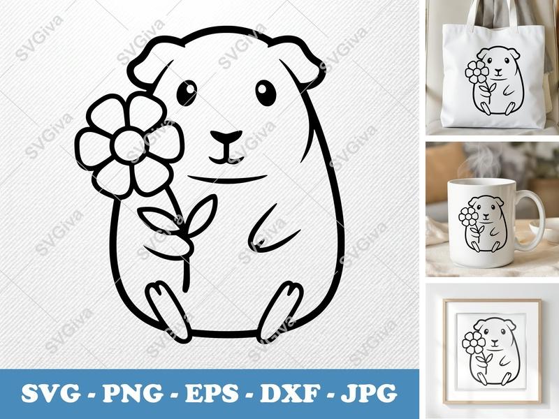 Guinea Pig with Flower SVG | Simple Cute Vector Cut File | Bold Contour Design | PNG DXF EPS | Cricut Silhouette Ready