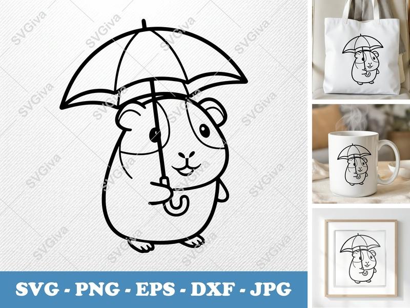 Guinea Pig with Umbrella SVG | Cute Animal PNG, EPS, DXF | Cricut, Silhouette Cut File | Pet Clipart, Modern Design