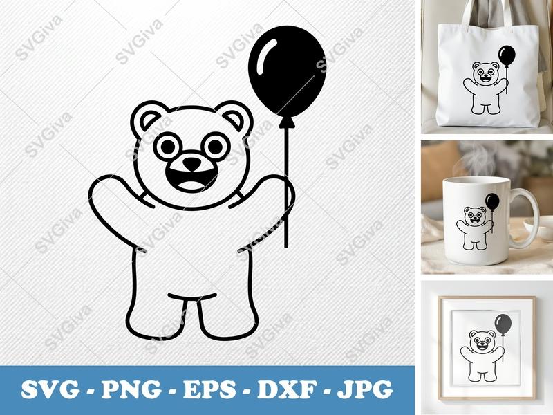 Gummy Bears SVG | Cute Bear with Balloon PNG EPS DXF | Modern Outline Clip Art for Cricut Silhouette