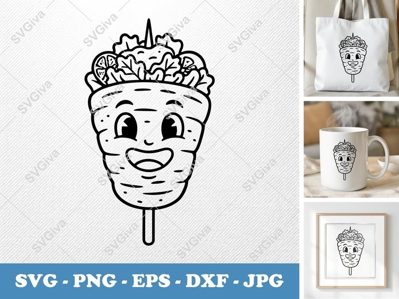 Gyro SVG Kawaii Food Cut File | Modern Kebab Clipart for Cricut, Silhouette | PNG EPS DXF Vector Art