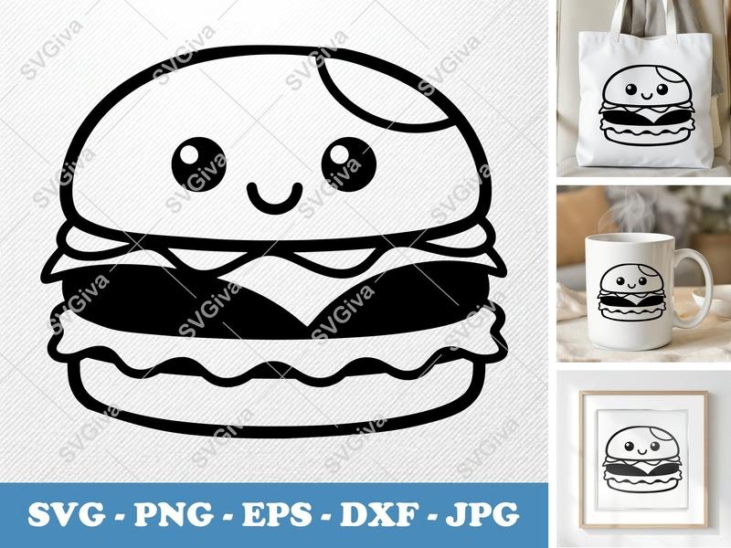 Hamburger Kawaii SVG, Cute Burger Outline PNG, EPS, DXF Files for Cricut & Silhouette, Fast Food Clipart, Happy Burger Cut File