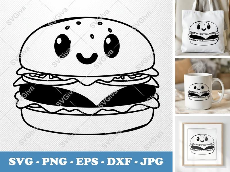 Hamburger Kawaii SVG, Cute Burger PNG, EPS, DXF Cut File for Cricut & Silhouette, Happy Face Food Vector Art