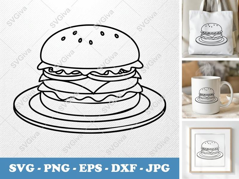 Hamburger on a plate SVG | Food Cut File PNG DXF EPS Cricut Silhouette