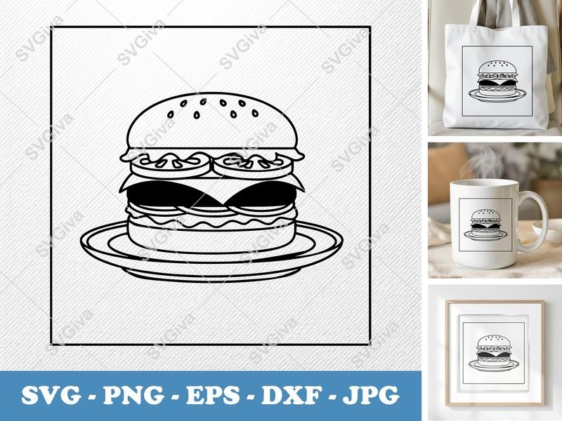 Hamburger on a Plate SVG PNG DXF EPS | Food Cut File for Cricut Silhouette | Kitchen Decor Vector