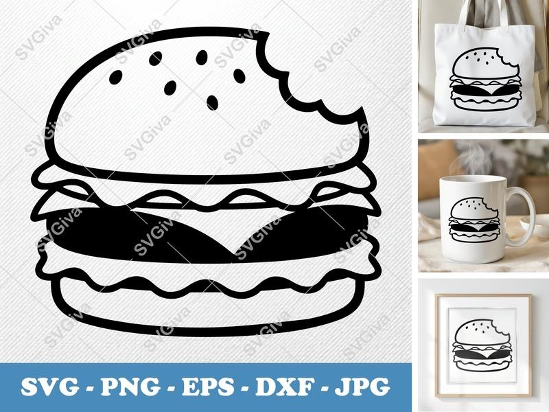 Hamburger SVG, Bitten Burger Clipart, Fast Food Outline, Modern Clean Icon | PNG EPS DXF for Cricut Silhouette