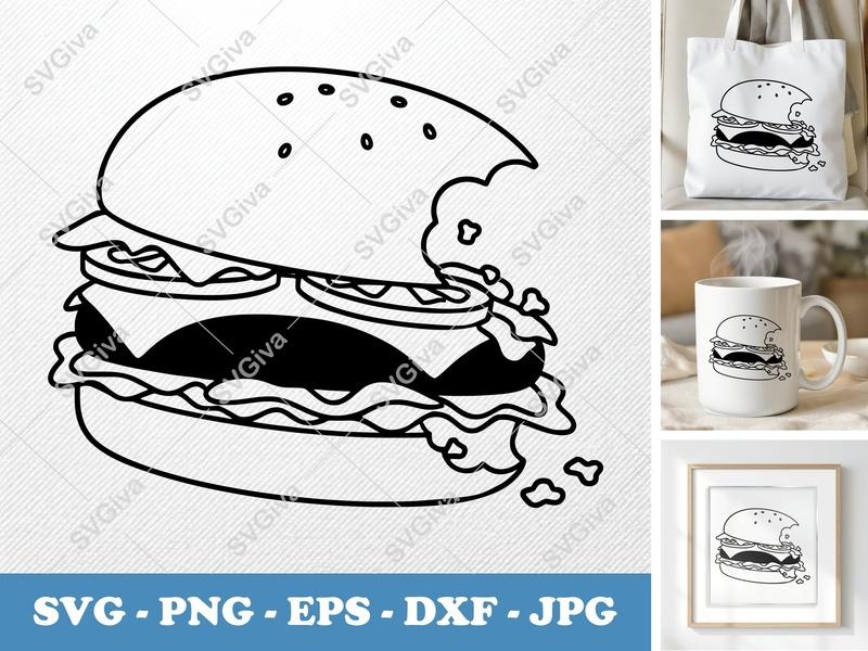 Hamburger SVG, Bitten Burger Clipart, Fast Food Vector, Modern Line Art PNG EPS DXF for Cricut & Silhouette