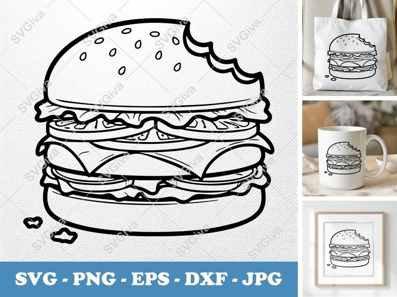 Hamburger SVG, Bitten Burger Cut File, Modern Fast Food PNG EPS DXF for Cricut & Silhouette, Kitchen Clipart