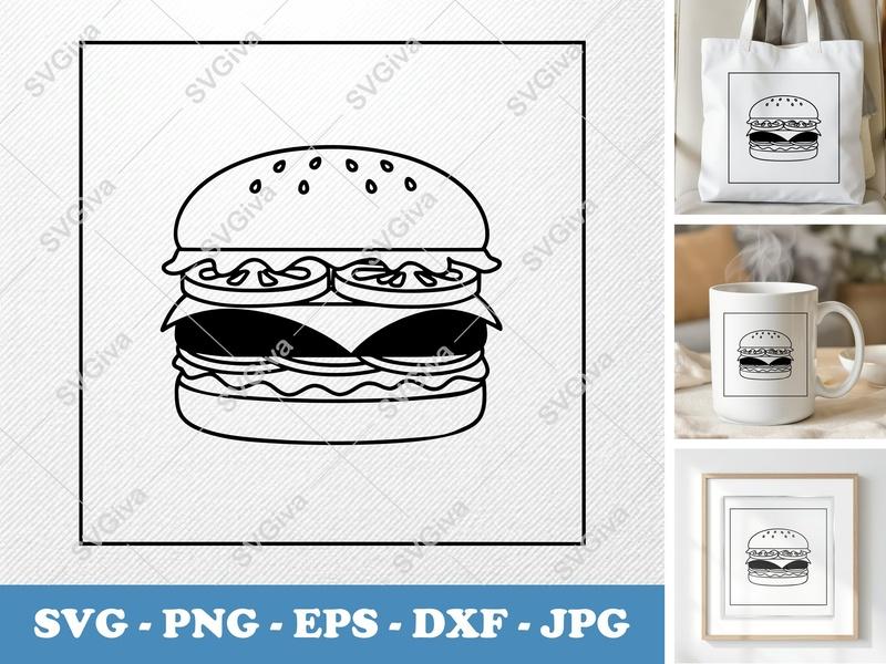 Hamburger SVG, Modern Burger Cut File, Food Outline Clipart, Restaurant Vector PNG EPS DXF for Cricut & Silhouette