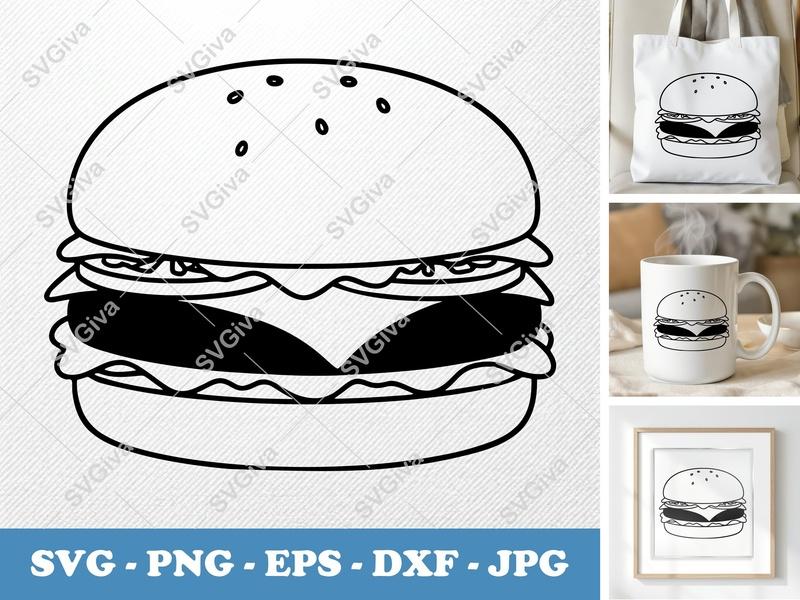 Hamburger SVG | Modern Fast Food Burger Line Art PNG EPS DXF | Cricut Silhouette Cut File, Kitchen Clipart, Sandwich Vector