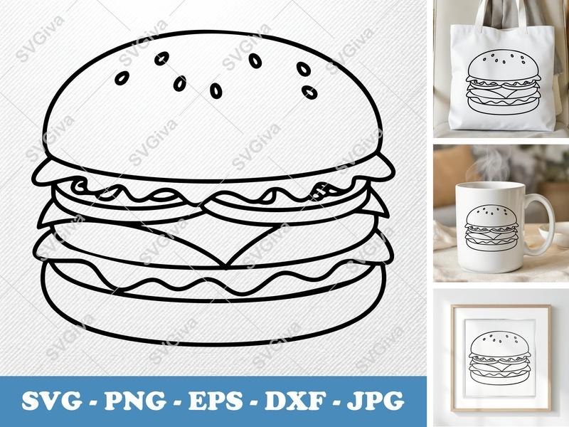Hamburger SVG PNG DXF EPS | Food Cut File for Cricut Silhouette | Kitchen Decor Vector Art