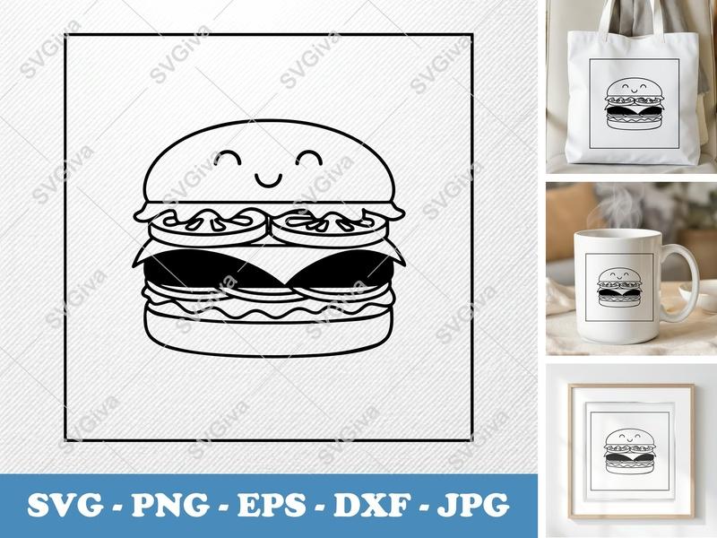 Hamburger with Smiling Face SVG PNG DXF EPS | Cute Food Cut File for Cricut Silhouette Projects