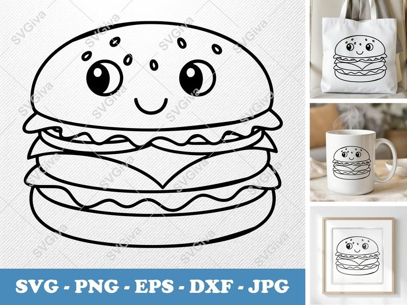 Hamburger with Smiling Face SVG PNG DXF EPS | Kawaii Food Cut File Cricut Silhouette