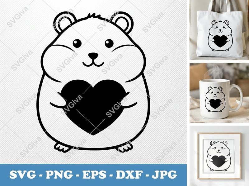 Hamster Holding Heart SVG | Cute Bean-Shaped Animal | Rounded Body Friendly Design | PNG DXF EPS | Cricut Silhouette File