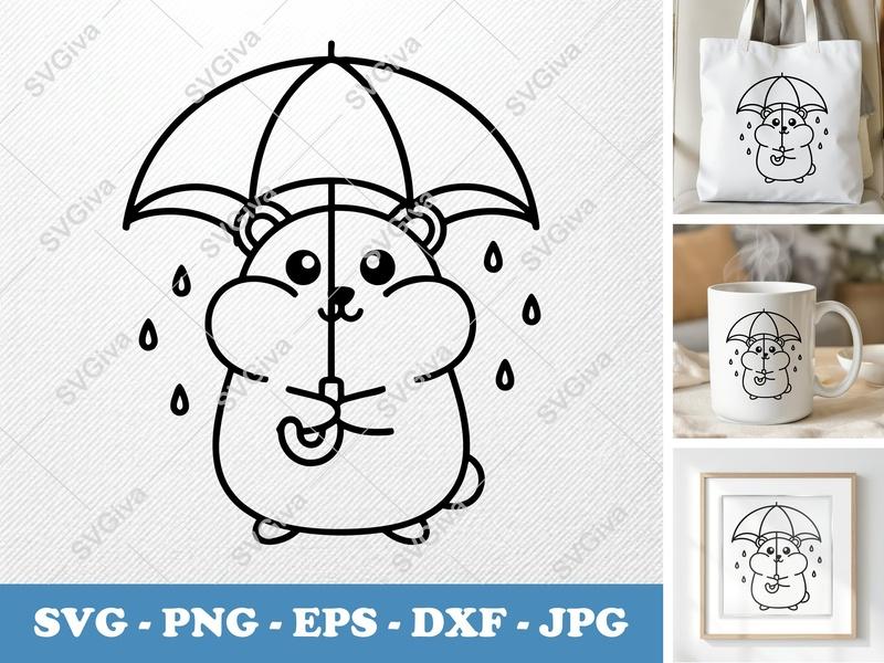 Hamster Holding Umbrella SVG | Friendly Bean-Shaped Cut File | Rounded Body PNG DXF EPS for Cricut Silhouette