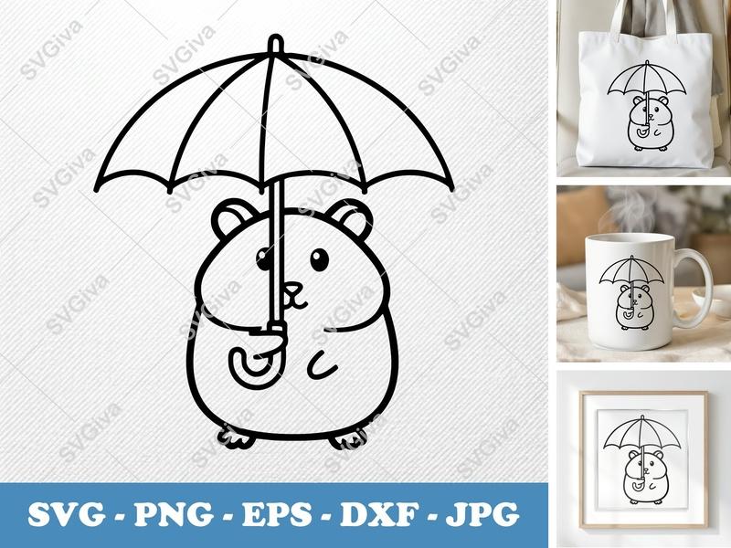 Hamster Holding Umbrella SVG | Minimalist Line Art | Thick Outline | PNG DXF EPS | Cricut Silhouette File