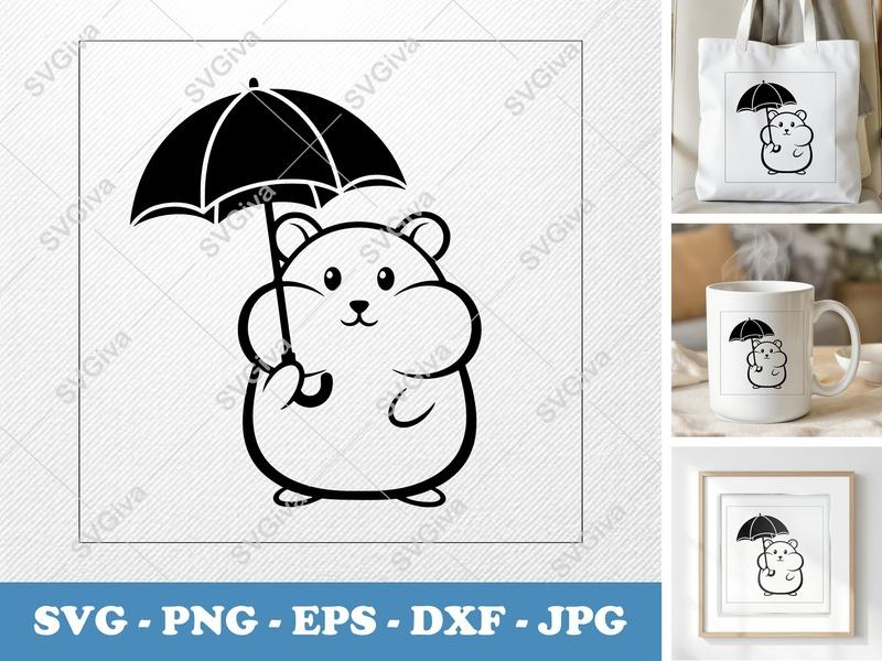 Hamster Holding Umbrella SVG | Puffy Pillow Soft Shapes | PNG DXF EPS | Cricut Silhouette Cut File