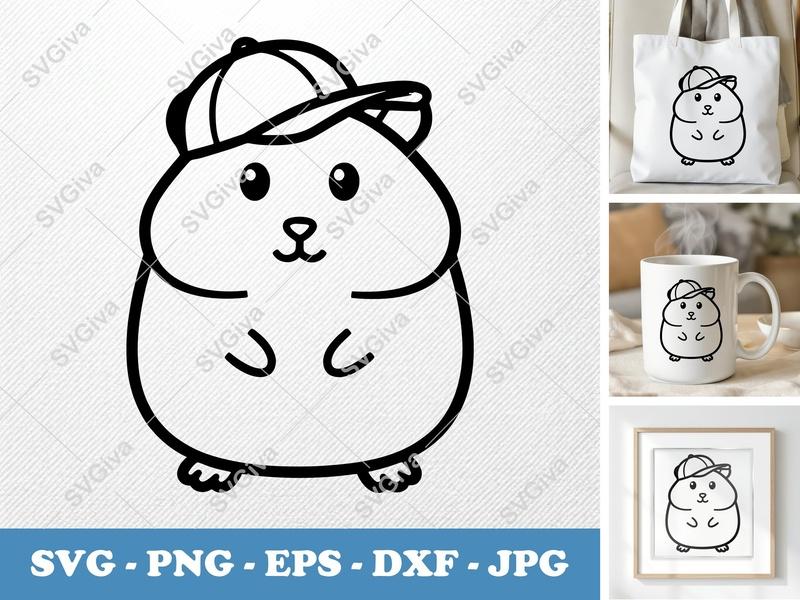 Hamster in a Cap SVG | Minimalist Double-Outline Design | Thick Contour, Thin Lines | PNG DXF EPS | Cricut Silhouette File
