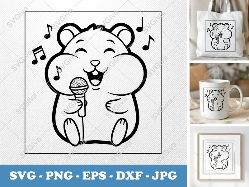 Hamster Singing SVG | Double-Outline Thick Contour Design PNG DXF EPS | Cricut Silhouette Cut File