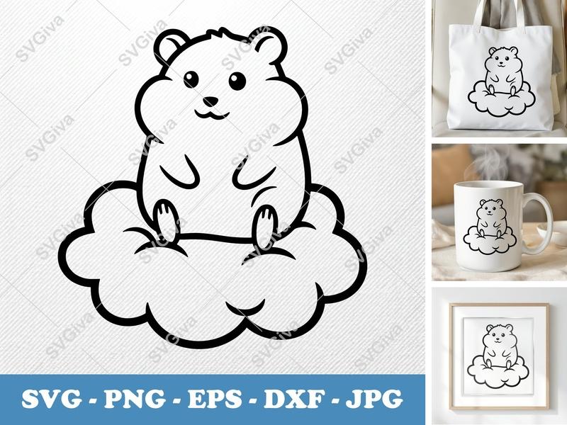 Hamster Sitting on Cloud SVG | Friendly Rounded Bean-Shaped Cut File | PNG DXF EPS for Cricut Silhouette