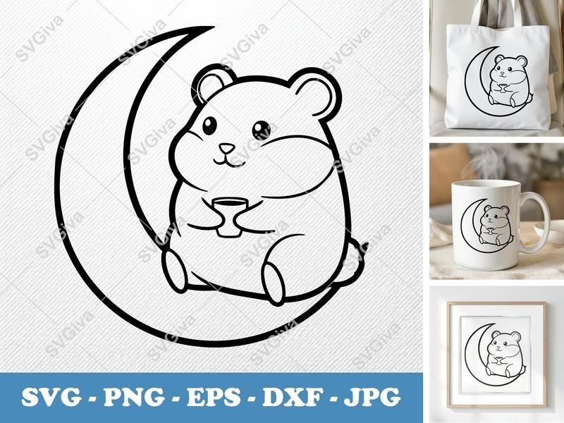 Hamster Sitting on Moon SVG | Cute Animal Cut File PNG DXF EPS Cricut Silhouette