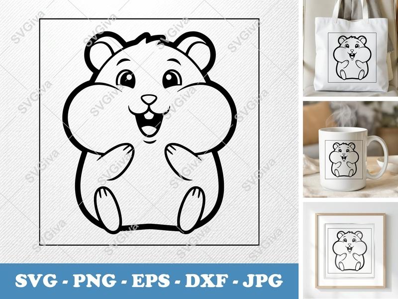 Hamster Smiling Happily SVG | Outline Cartoon Style | Double-Outline Simple Animal SVG | PNG DXF EPS for Cricut Silhouette