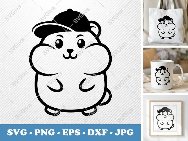 Hamster SVG, Cute Chubby Hamster with Hat, Modern Cartoon Animal | PNG EPS DXF | Cricut Silhouette File