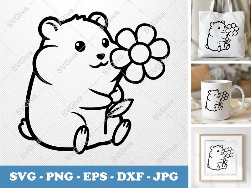 Hamster SVG, Cute Hamster with Flower, Modern Clean Design | PNG EPS DXF for Cricut & Silhouette