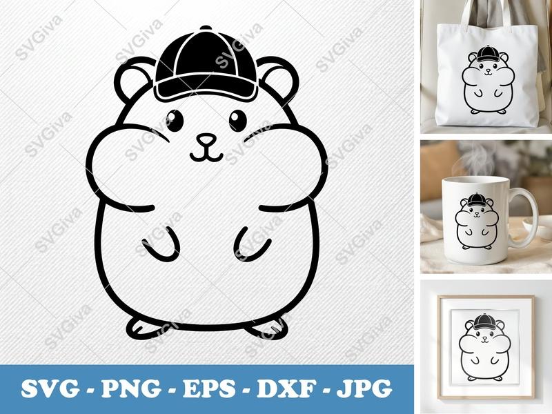 Hamster SVG, Cute Hamster with Hat Cut File, Modern Animal Clip Art, PNG EPS DXF for Cricut, Silhouette, Digital Download