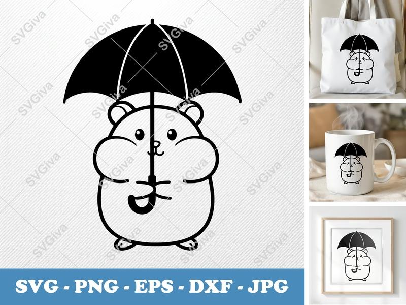 Hamster SVG | Cute Umbrella Hamster Cut File | PNG, EPS, DXF for Cricut & Silhouette | Animal Clipart | Modern Pet Design