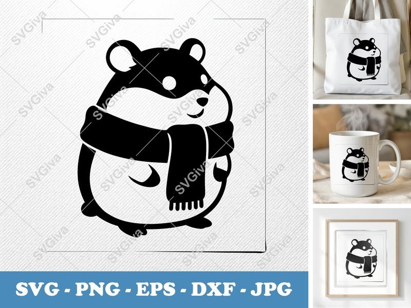 Hamster SVG, Cute Winter Scarf Hamster Cut File, PNG EPS DXF | Cricut & Silhouette Design, Animal Clipart