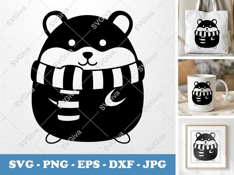 Hamster SVG, Cute Winter Scarf Hamster PNG EPS DXF, Animal Cricut Silhouette Cut File, Modern Pet Vector Clipart