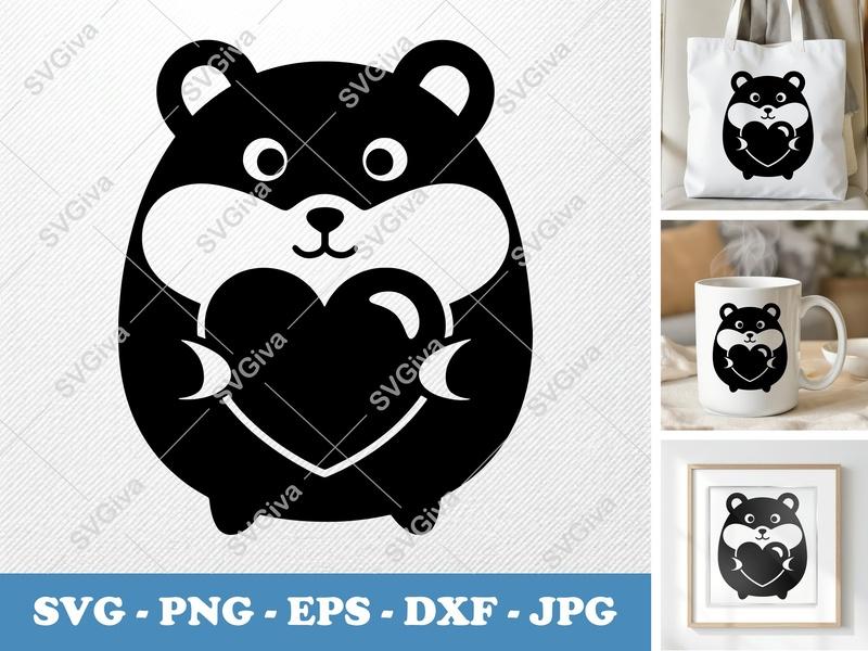 Hamster SVG, Modern Clean Hamster with Heart, Cute Animal Cut File | PNG EPS DXF for Cricut, Silhouette, Vector Art